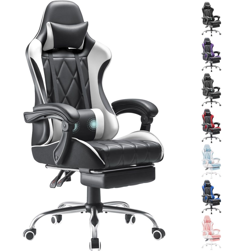 Video Games - Gamingstoel, computerstoel met voetsteun en massage-lendensteun,