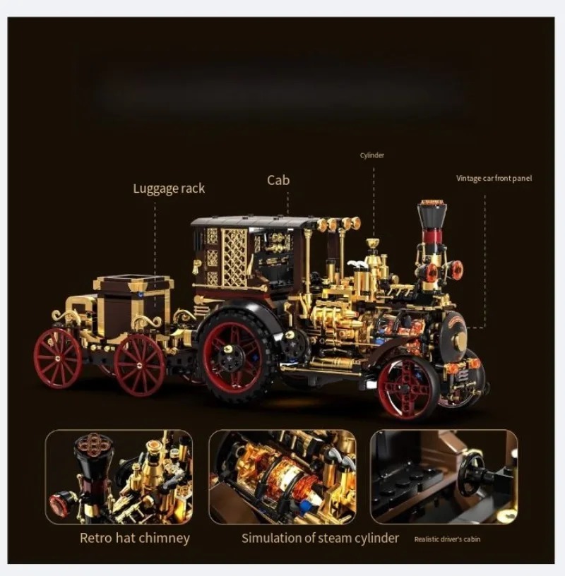 Building Blocks - Creatieve 1331-delige vintage mechanische stoomauto bouwstenen